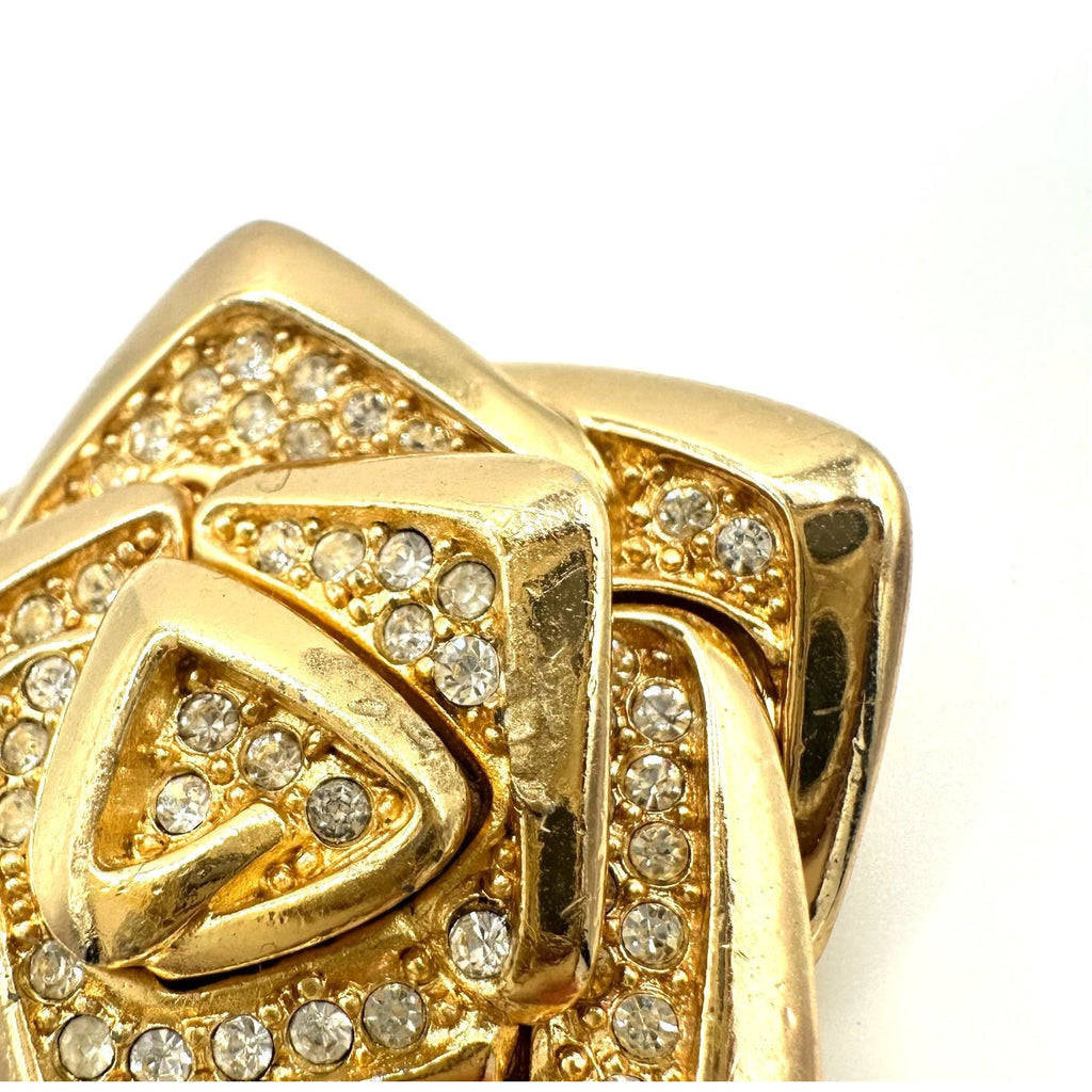 Rare Christian Dior 80s vintage gold plated clear crystals geometric rose brooch