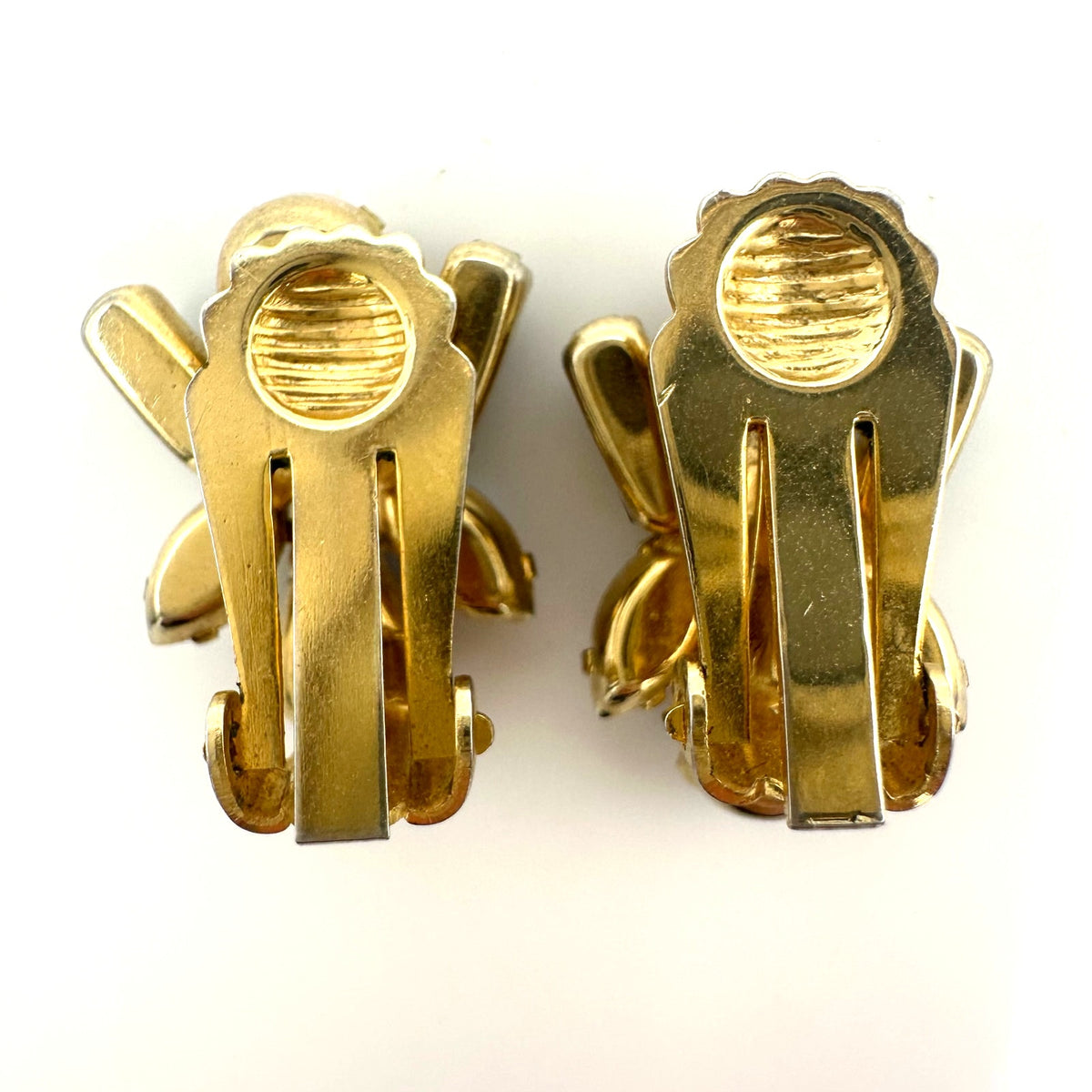 Vintage 1950s gold tone blue aurora borealis AB rhinestones clip on earrings