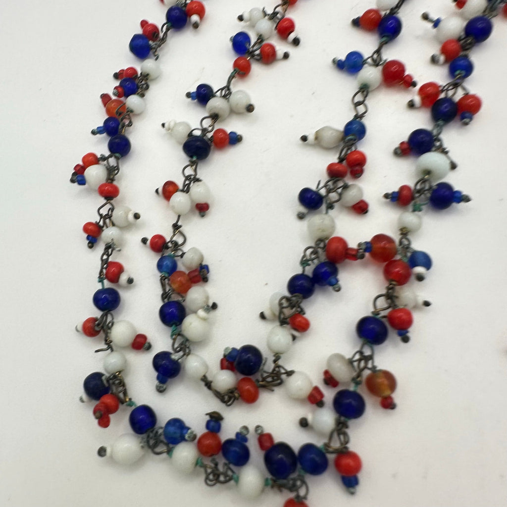 1940s vintage patriotic red white blue Czech glass beads beaded 50” necklace