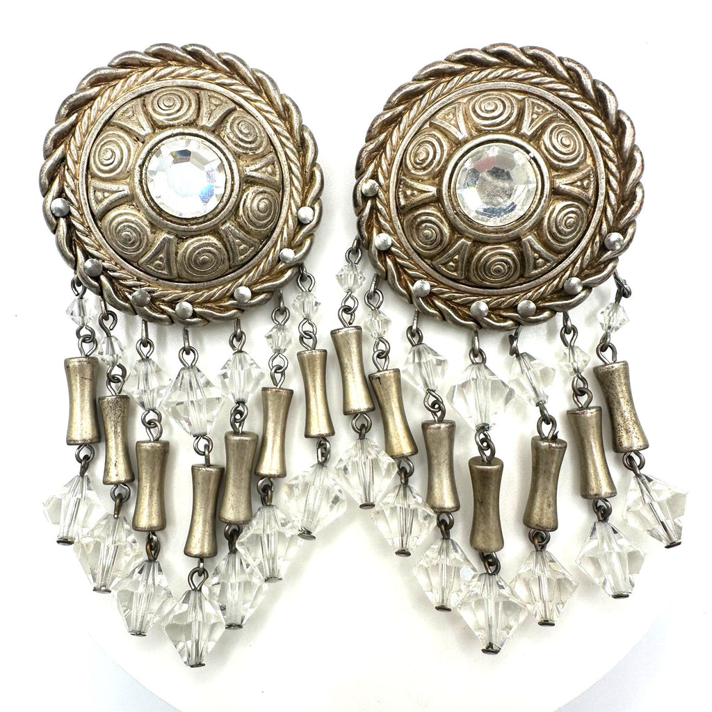 Vintage champagne gold tone clear beaded crystal drops dangle clip on earrings