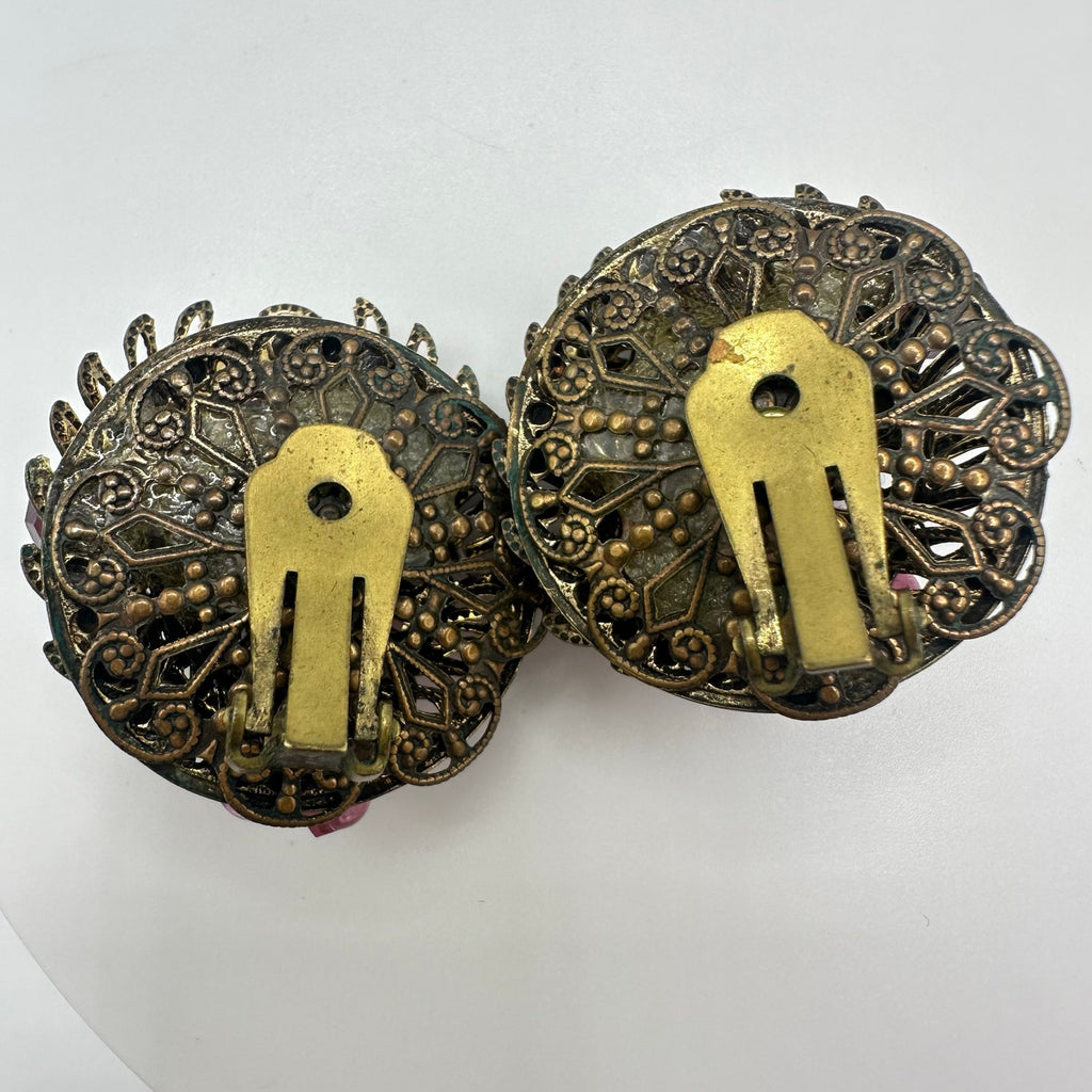 1950s vintage gold tone filigree art glass beads AB rhinestones clip on earrings