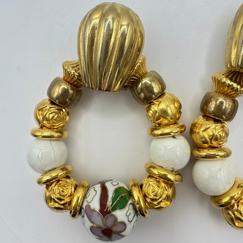 1980s vintage gold tone statement cloisonne enamel beaded dangle post earrings