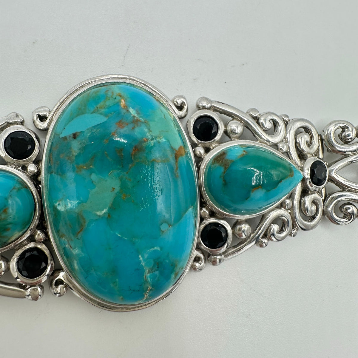 NF Thailand 925 sterling silver turquoise cabochons black rhinestones bracelet