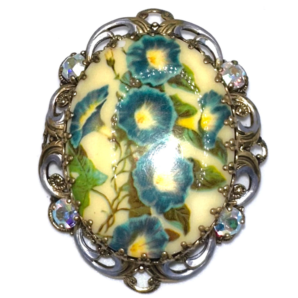 West Germany vintage gold tone floral portrait purple enamel rhinestones brooch