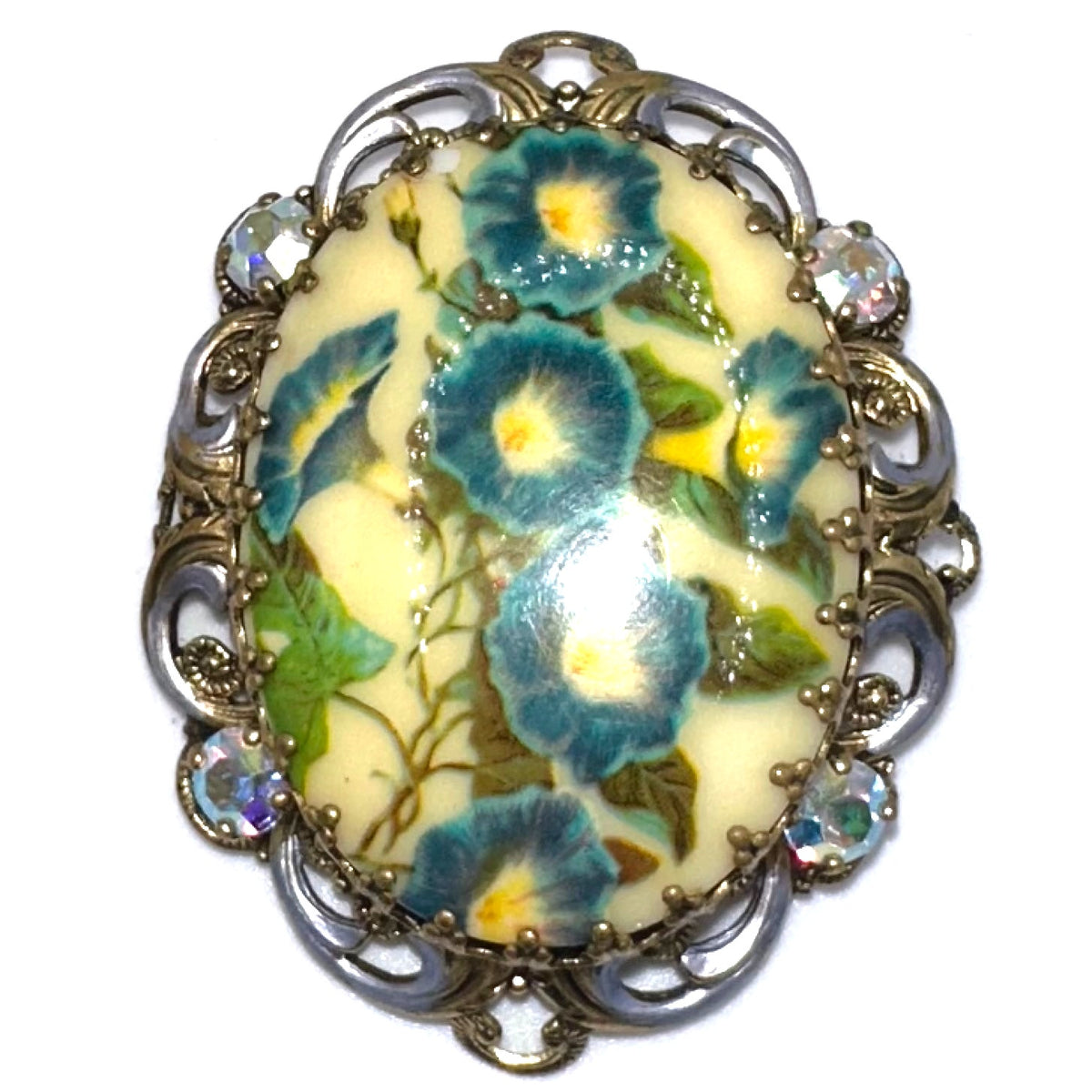 West Germany vintage gold tone floral portrait purple enamel rhinestones brooch