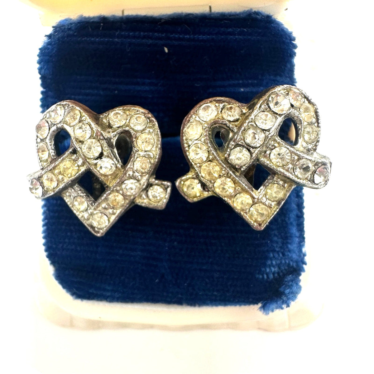 Little Nemo antique Art Deco rhinestones silver tone hearts screw back earrings