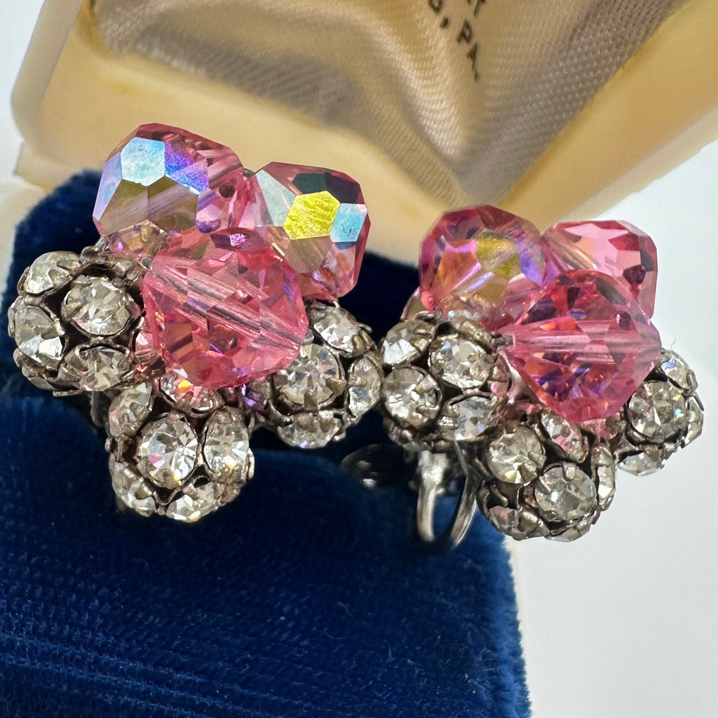 1950s vintage silver tone pink AB glass rhinestones beaded clip on earrings