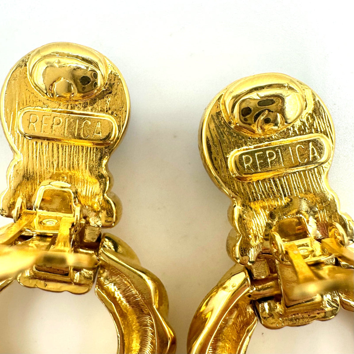 Replica signed vintage gold tone black lucite door knocker clip on earrings