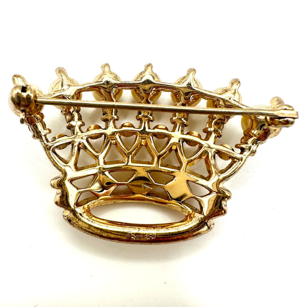 Trifari vintage gold tone clear rhinestones faux pearls royal crown brooch