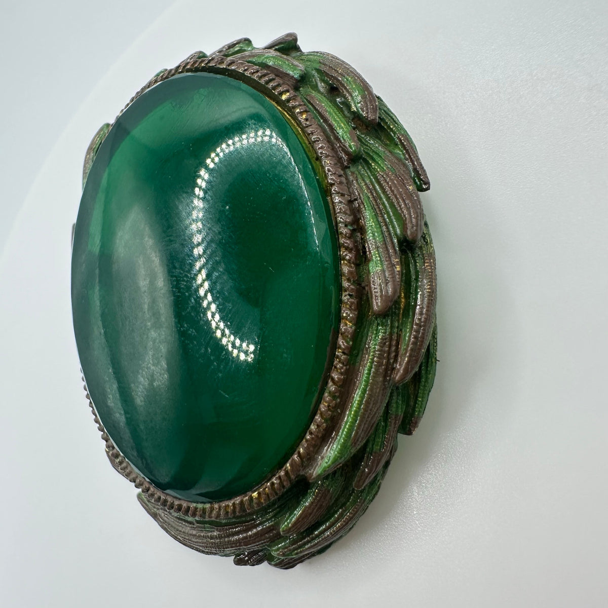 Vintage gold tone emerald green glass cabochon Victorian Revival brooch pendant