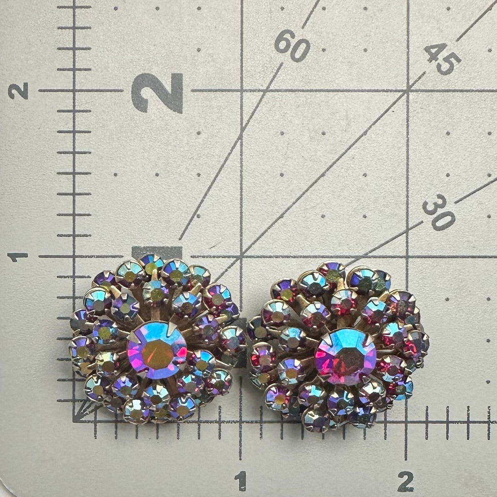 Vintage 1950s gold tone red aurora borealis AB rhinestones clip on earrings