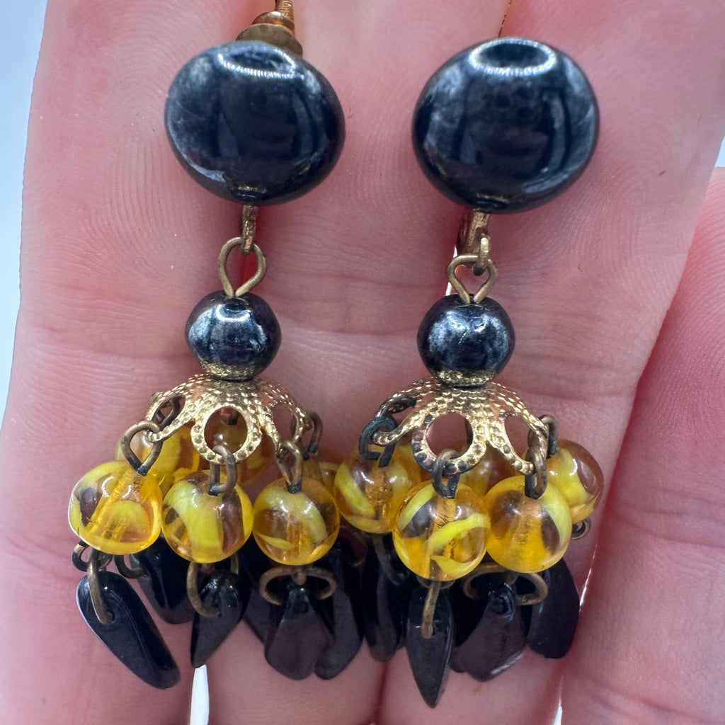 West Germany vintage gold yellow black glass beaded dangle screw back earrings