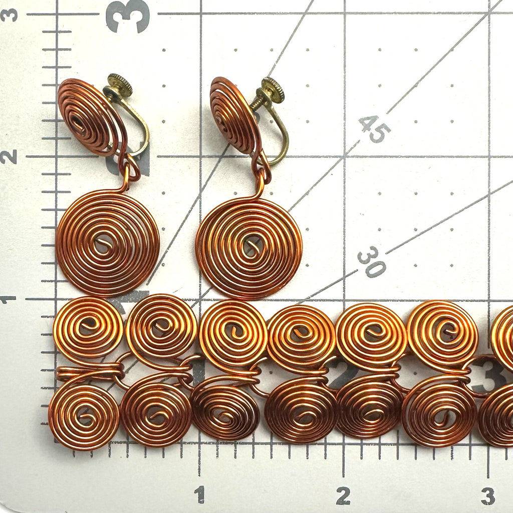 Vintage handmade artisan solid copper modernist necklace screw back earrings set