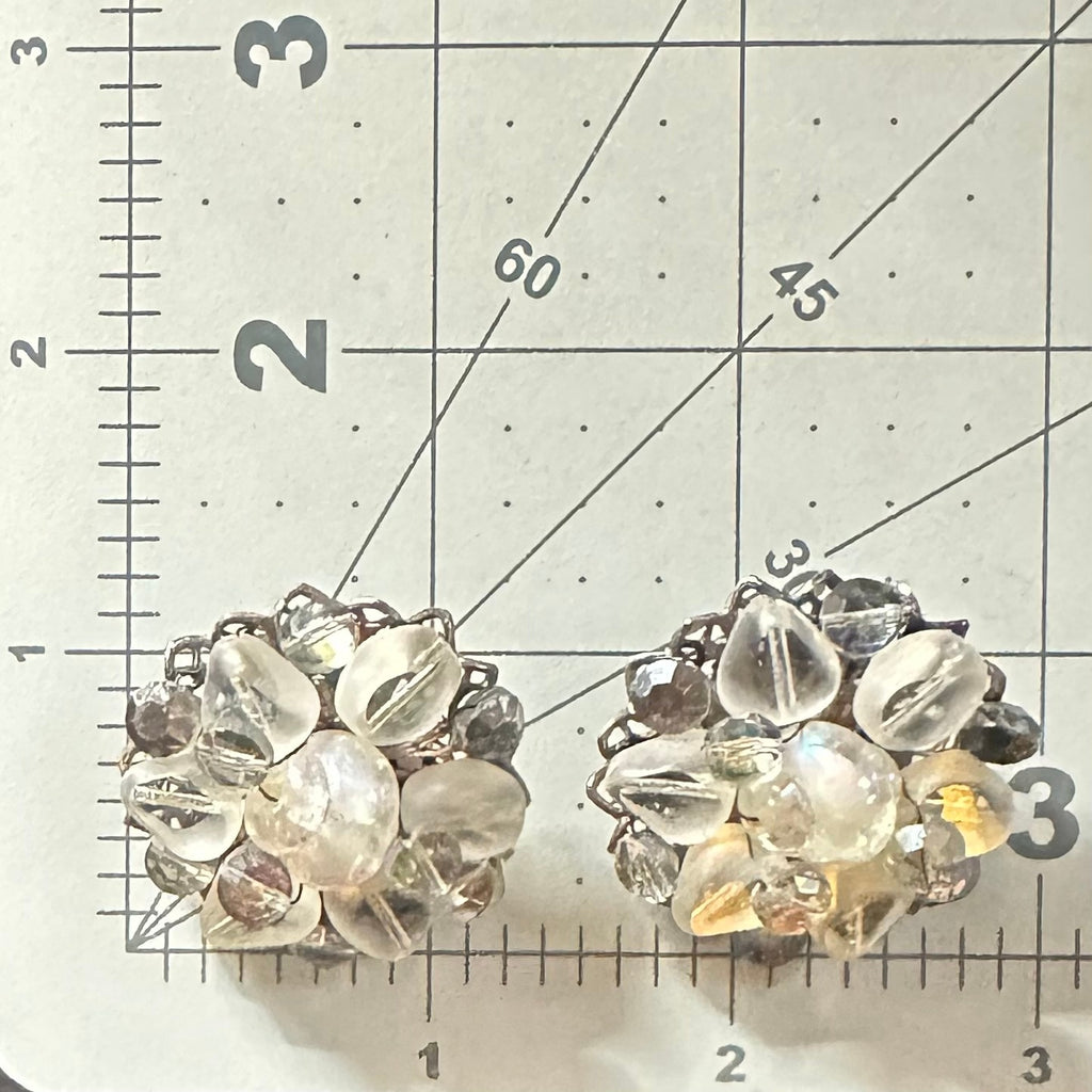 Vintage silver tone AB watermelon glass beads beaded cluster clip on earrings