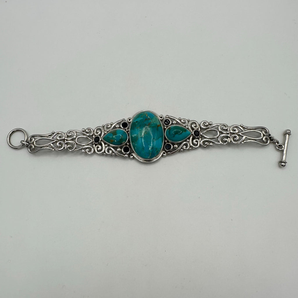 NF Thailand 925 sterling silver turquoise cabochons black rhinestones bracelet