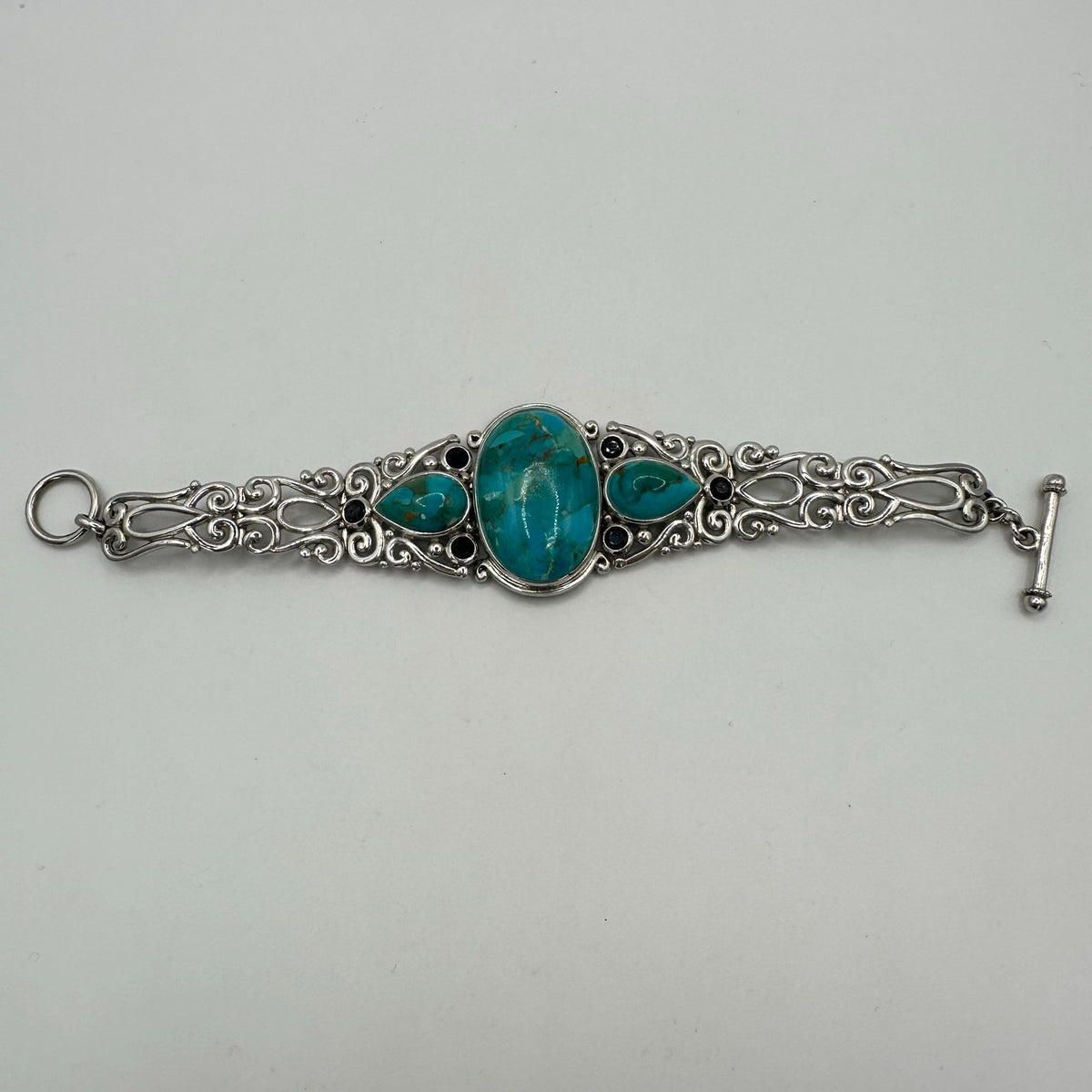 NF Thailand 925 sterling silver turquoise cabochons black rhinestones bracelet