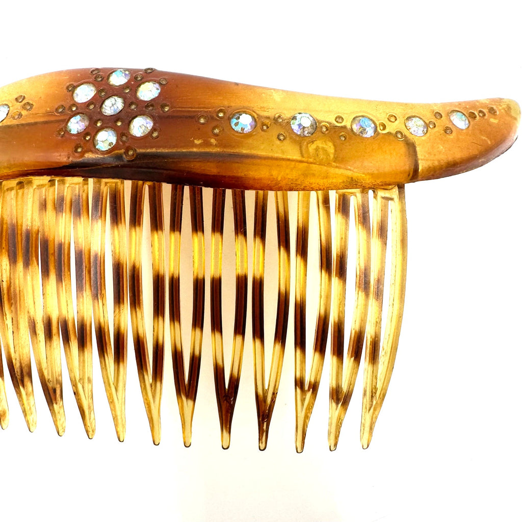 Made in USA vintage faux tortoiseshell celluloid AB rhinestones hair comb