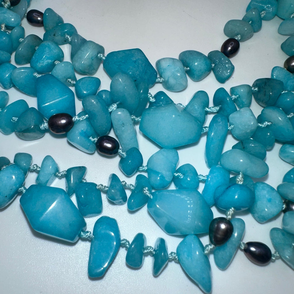 Handmade Caribbean blue quartz freshwater pearls 6 multi strand beaded necklace
