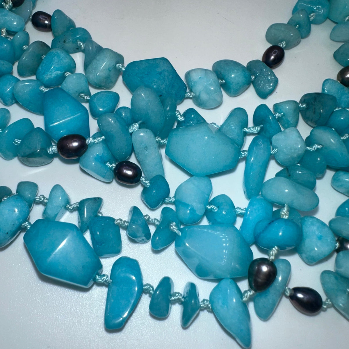 Handmade Caribbean blue quartz freshwater pearls 6 multi strand beaded necklace