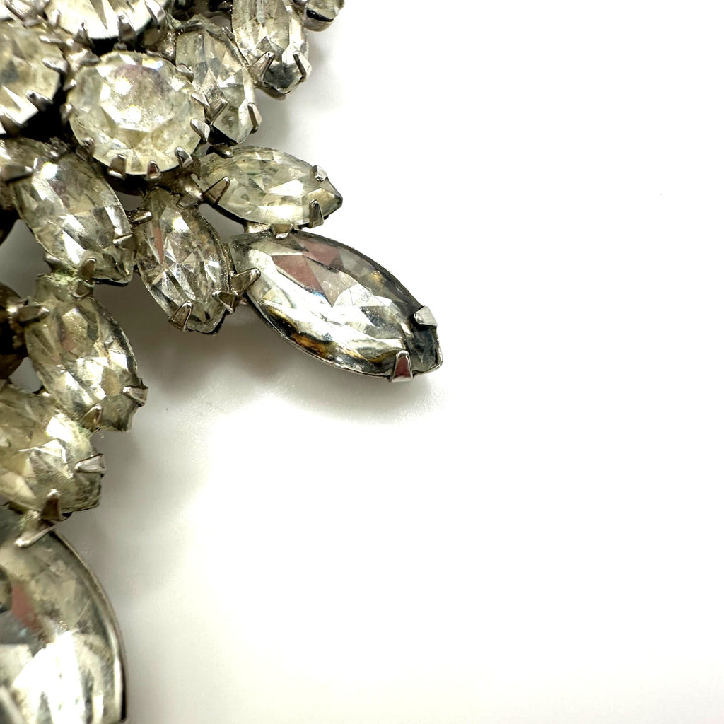 1950s vintage silver tone clear glass navettes rounds rhinestones brooch