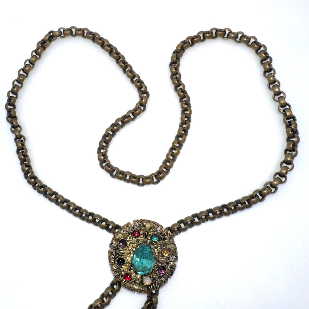 Antique Art Deco gold tone brass Czech glass rhinestones slider tassel necklace