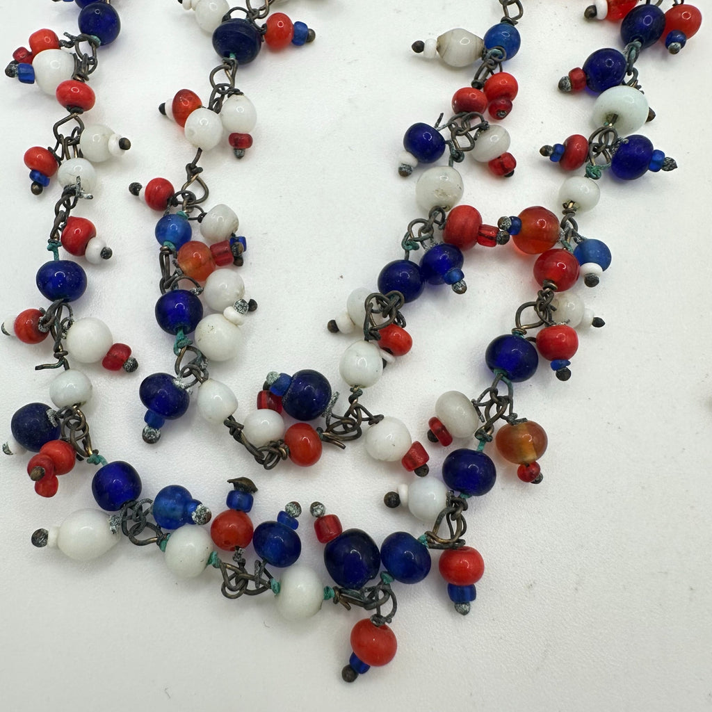 1940s vintage patriotic red white blue Czech glass beads beaded 50” necklace