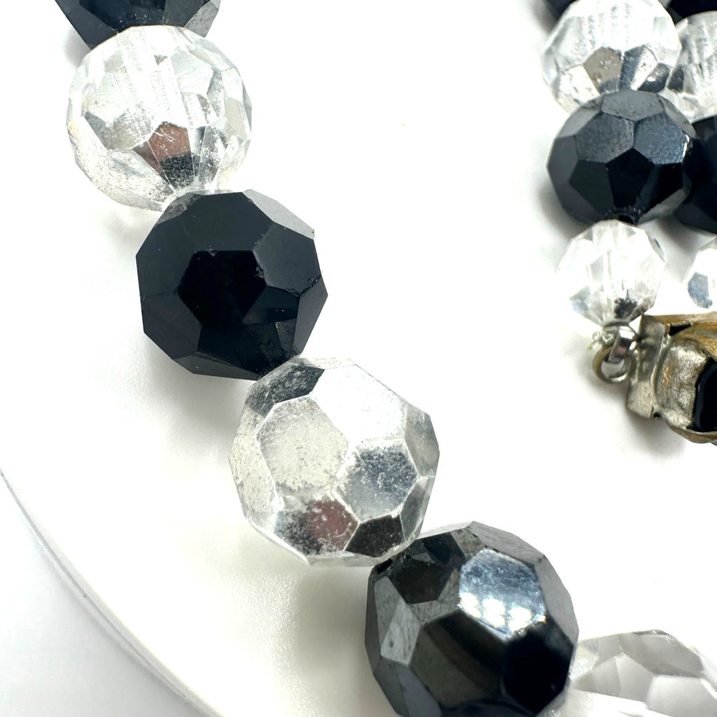 Vintage black silver comet argent clear faceted glass beads beaded 16" necklace