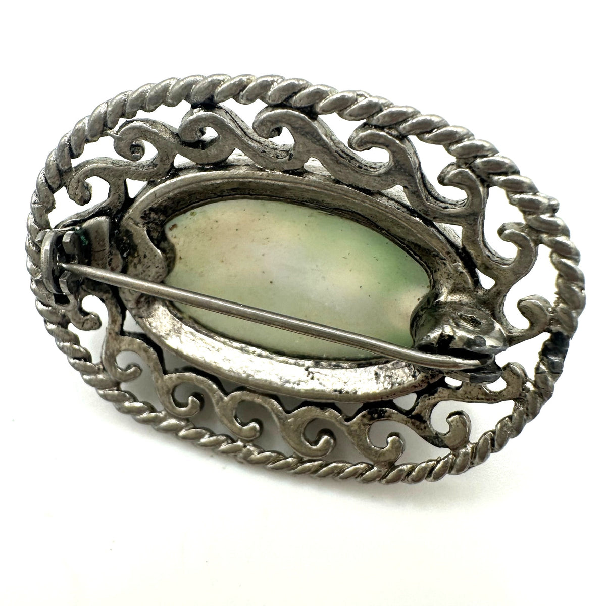 Vintage silver tone Murano pink green blown art glass cabochon oval brooch pin