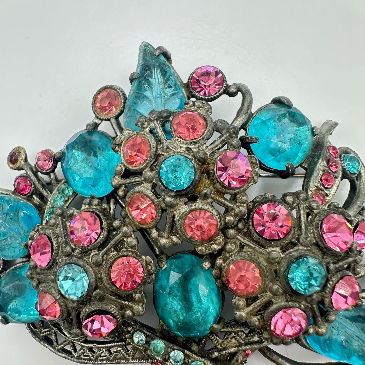 Antique Art Deco 1930s large pot metal pink blue molded glass rhinestones brooch