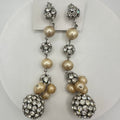 Vintage silver tone clear rhinestones faux pearls dangle drop clip on earrings