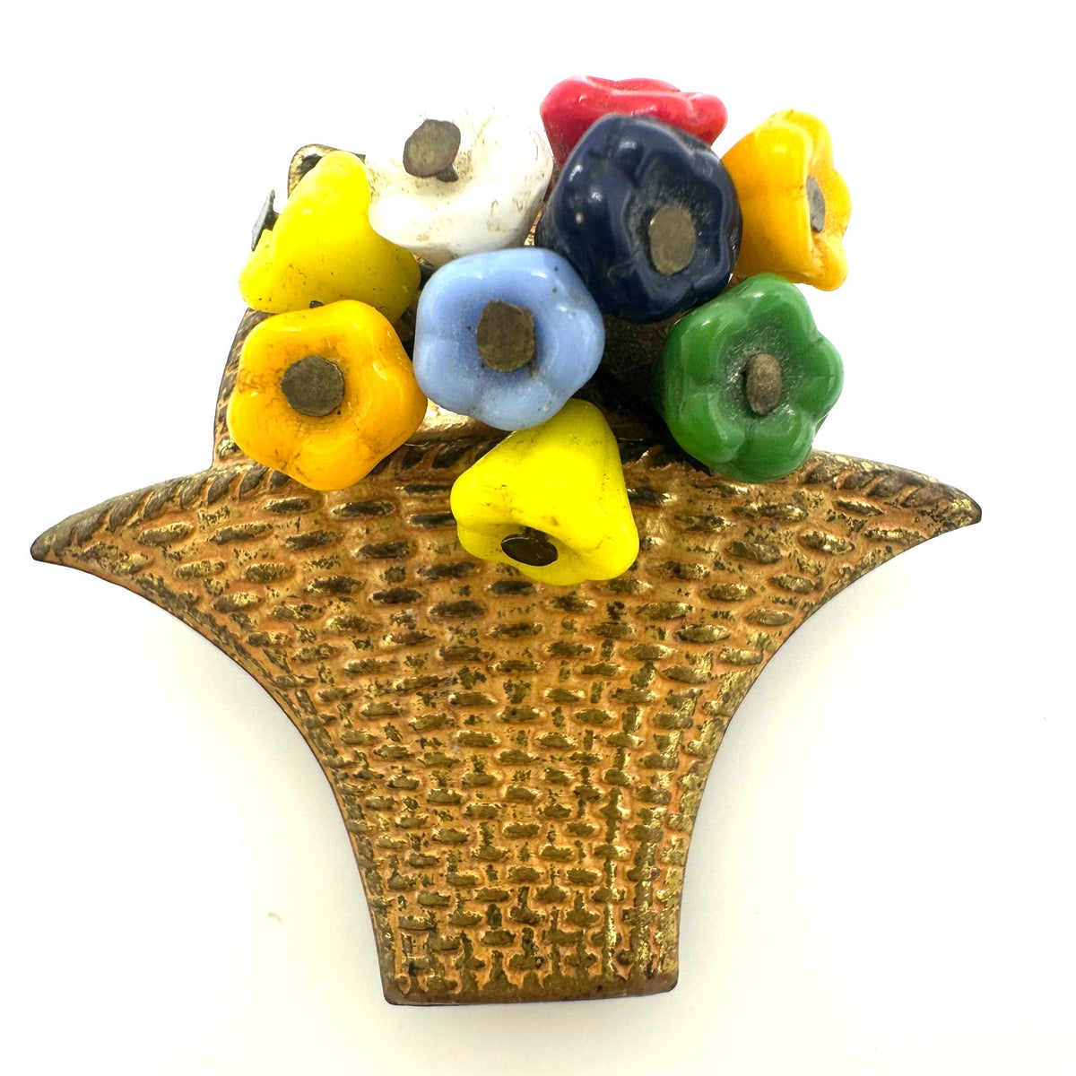 Antique vintage gold tone brass multicolor molded glass flowers beads dress clip