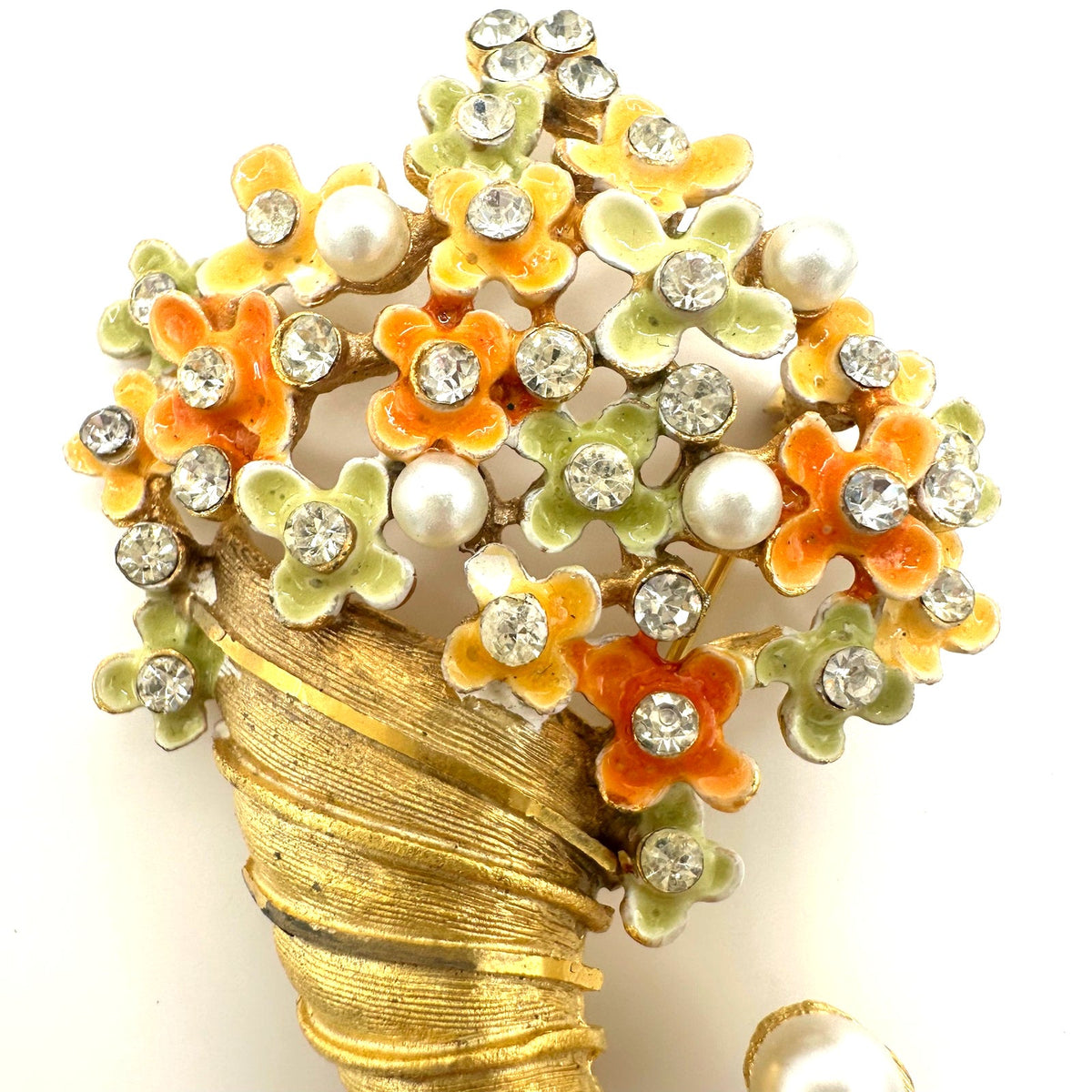 BSK vintage gold tone cornucopia multicolor enamel flowers rhinestones brooch