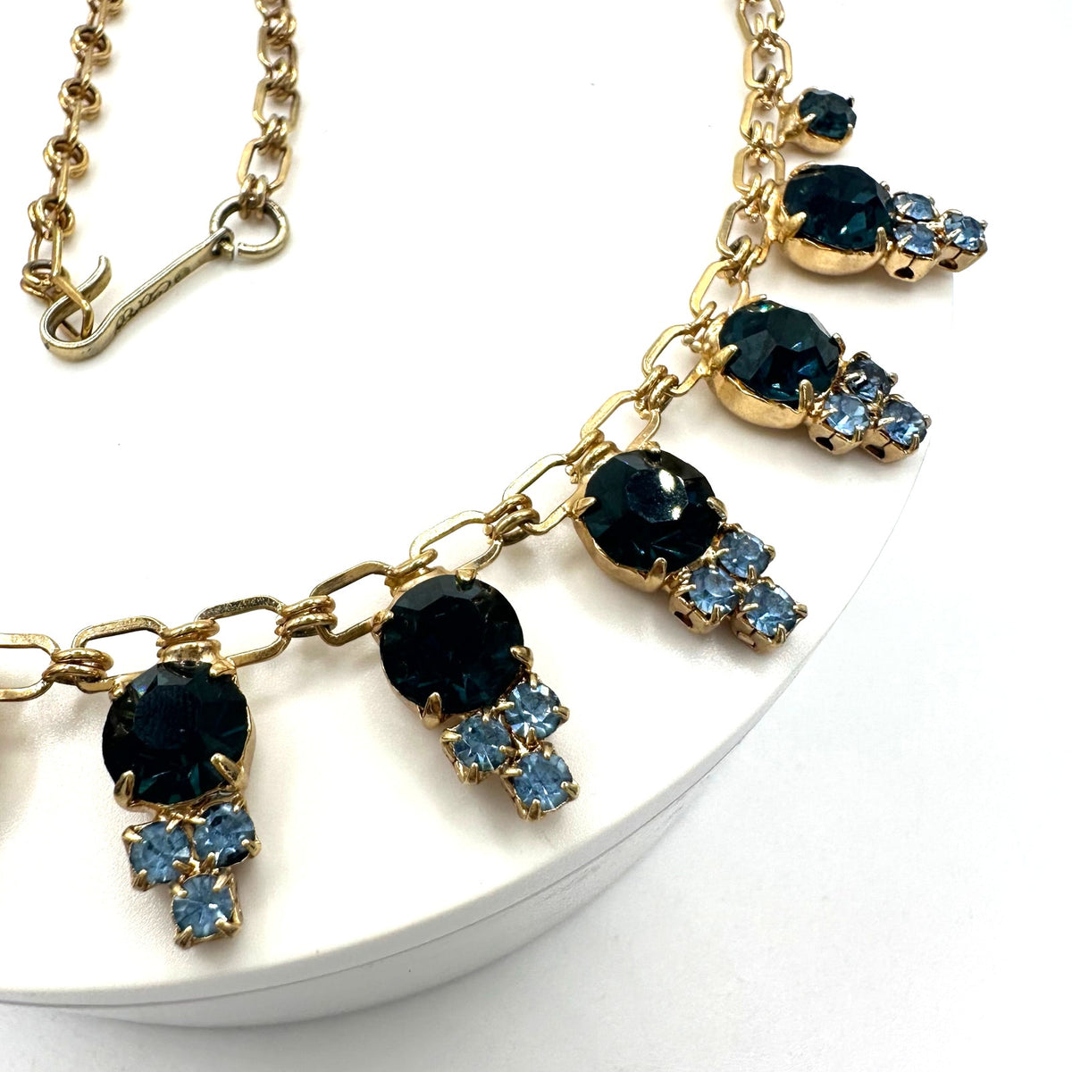Coro vintage gold tone Montana & light blue rhinestones fringe necklace