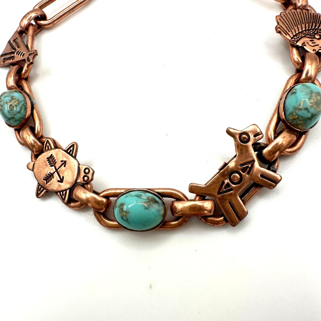 Vintage Southwestern solid copper figurals turquoise lucite cabochons bracelet