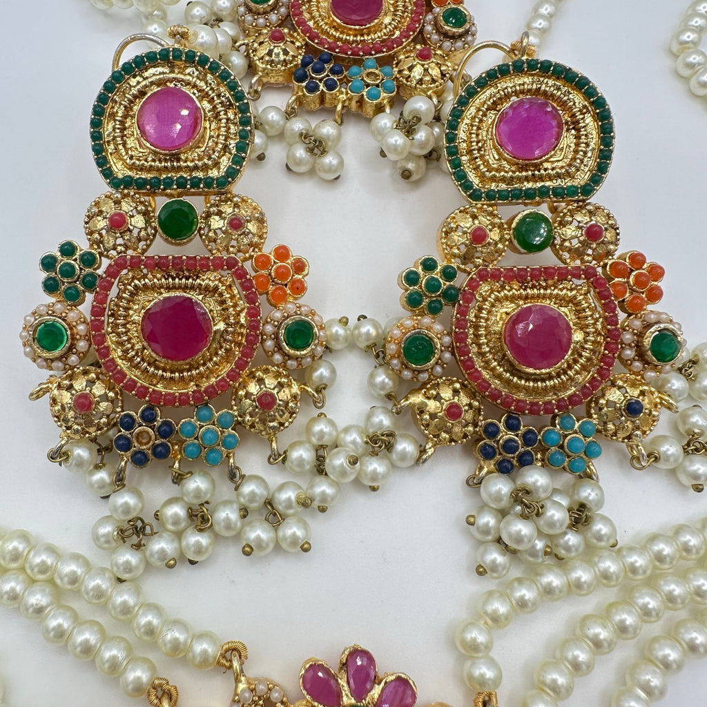Indian gold kundan pearl gems necklace earrings maang tikka full mala set