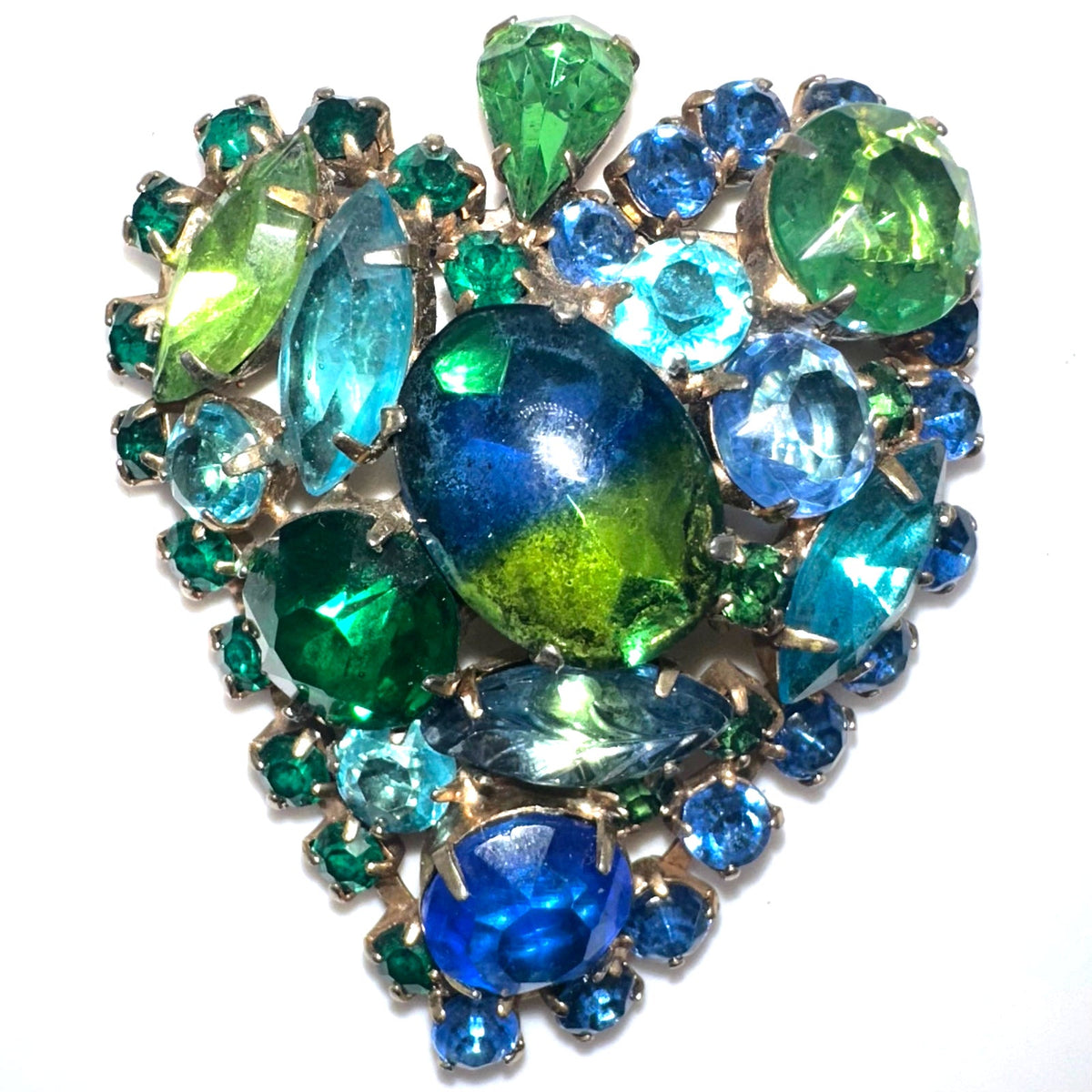 Vintage gold tone multicolor green blue rhinestones art glass heart brooch