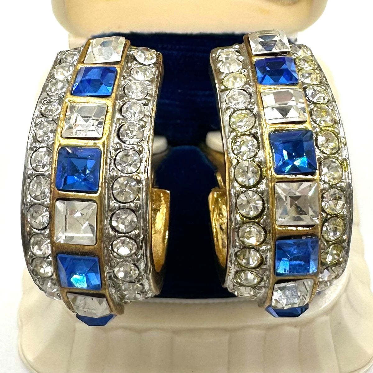 Vintage gold tone blue clear rhinestones hoops statement clip on earrings