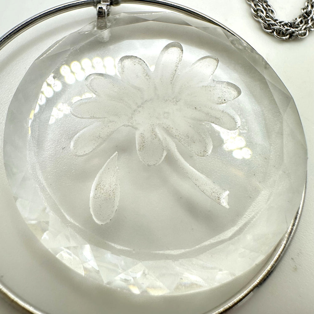 Hallmark vintage silver tone reverse cut crystal flower intaglio cameo necklace