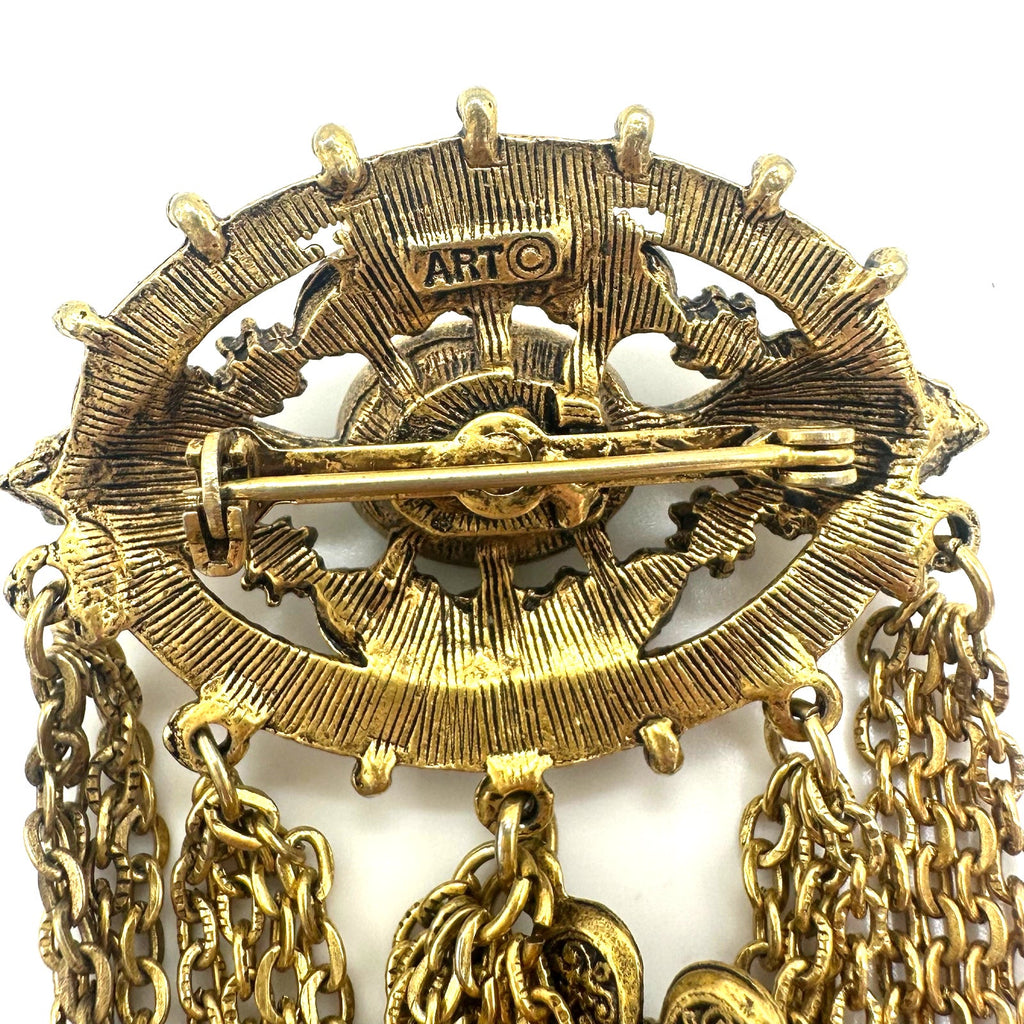 ART Victorian Revival gold tone swag chains rhinestones art glass brooch