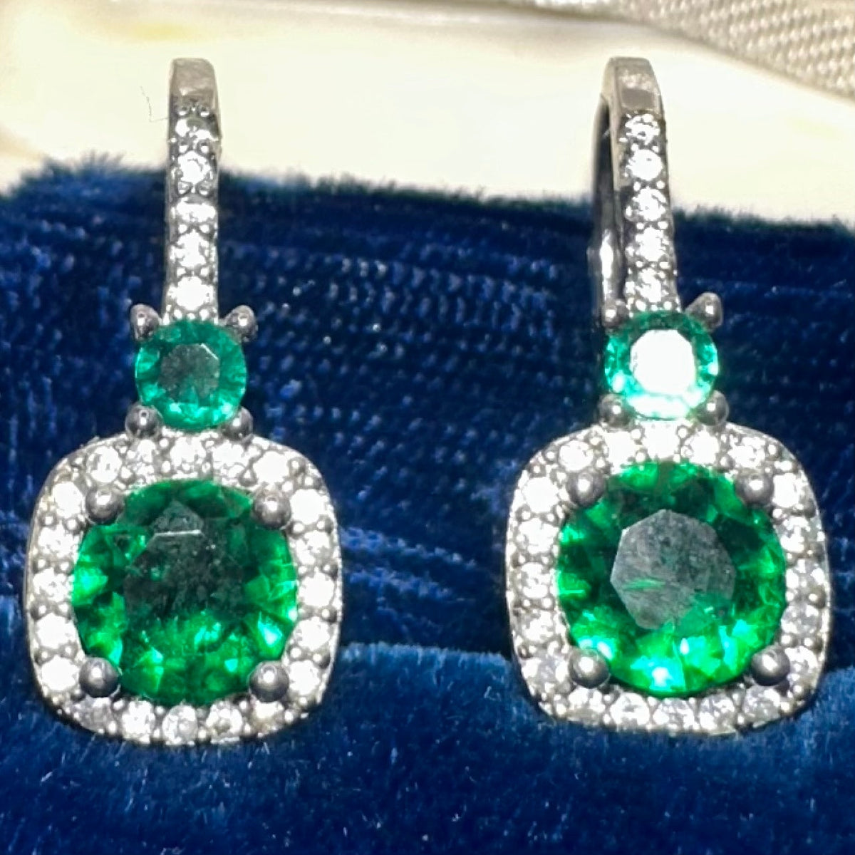Signed silver tone clear emerald green cubic zirconia CZ drop post hook earrings