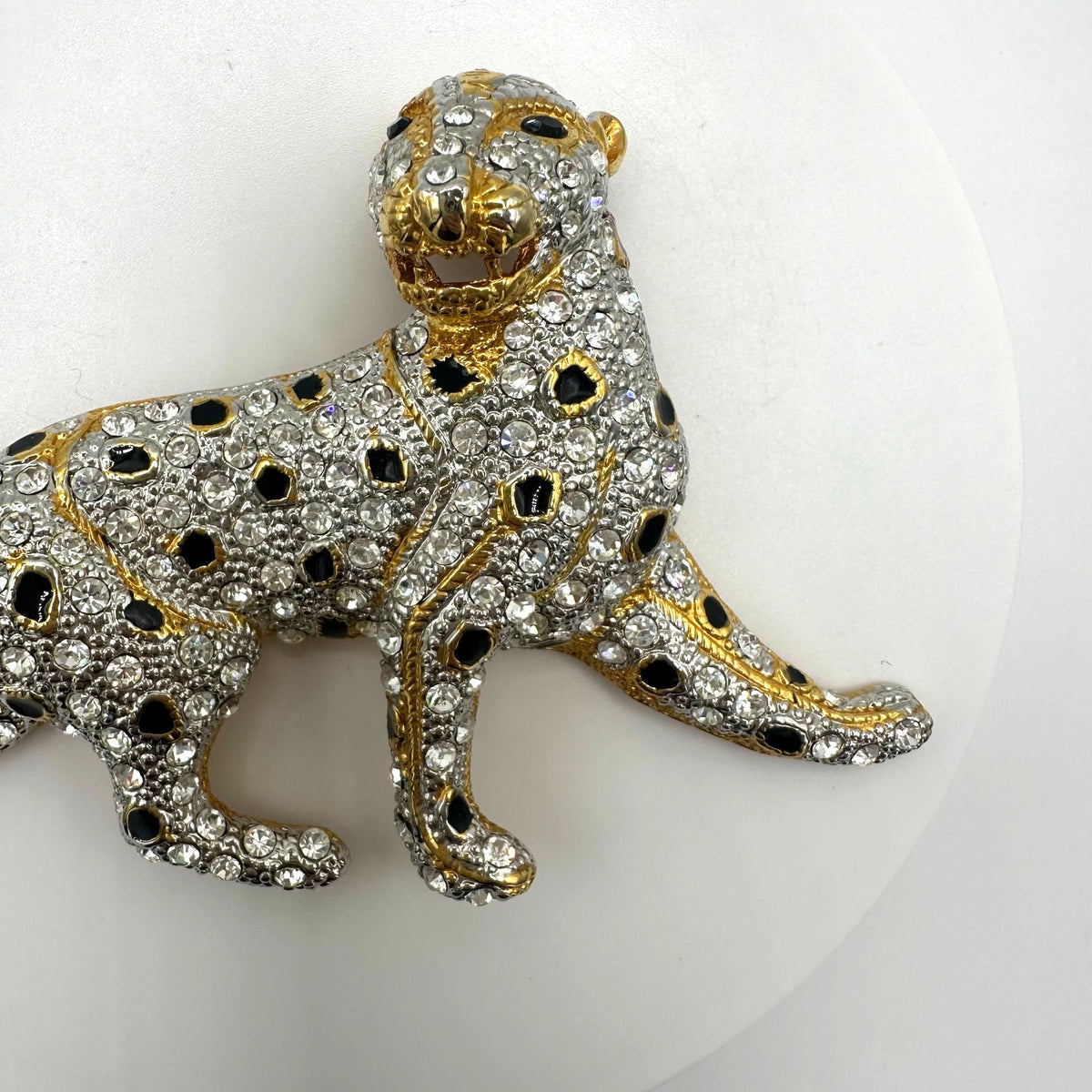 Vintage gold tone clear rhinestones black enamel leopard big cat figural brooch