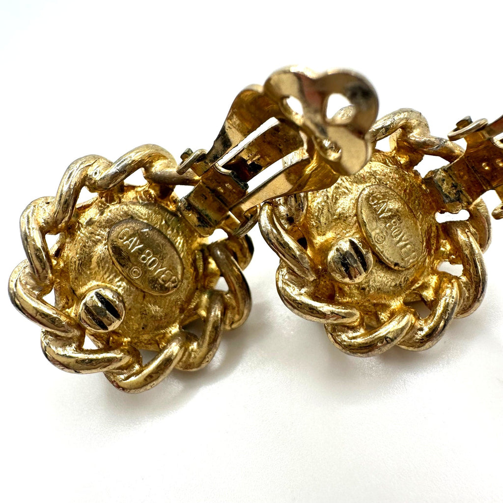 Gay Boyer  vintage gold tone blue art glass cabochon clip on earrings