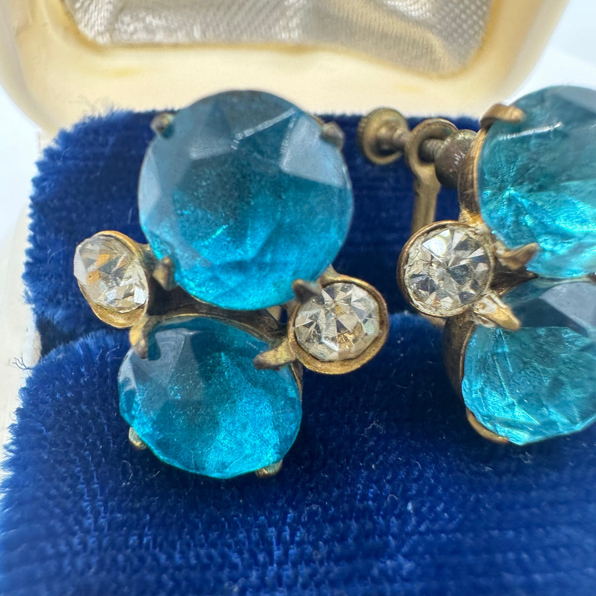 Antique gold tone blue Czech glass clear rhinestones screw back earrings
