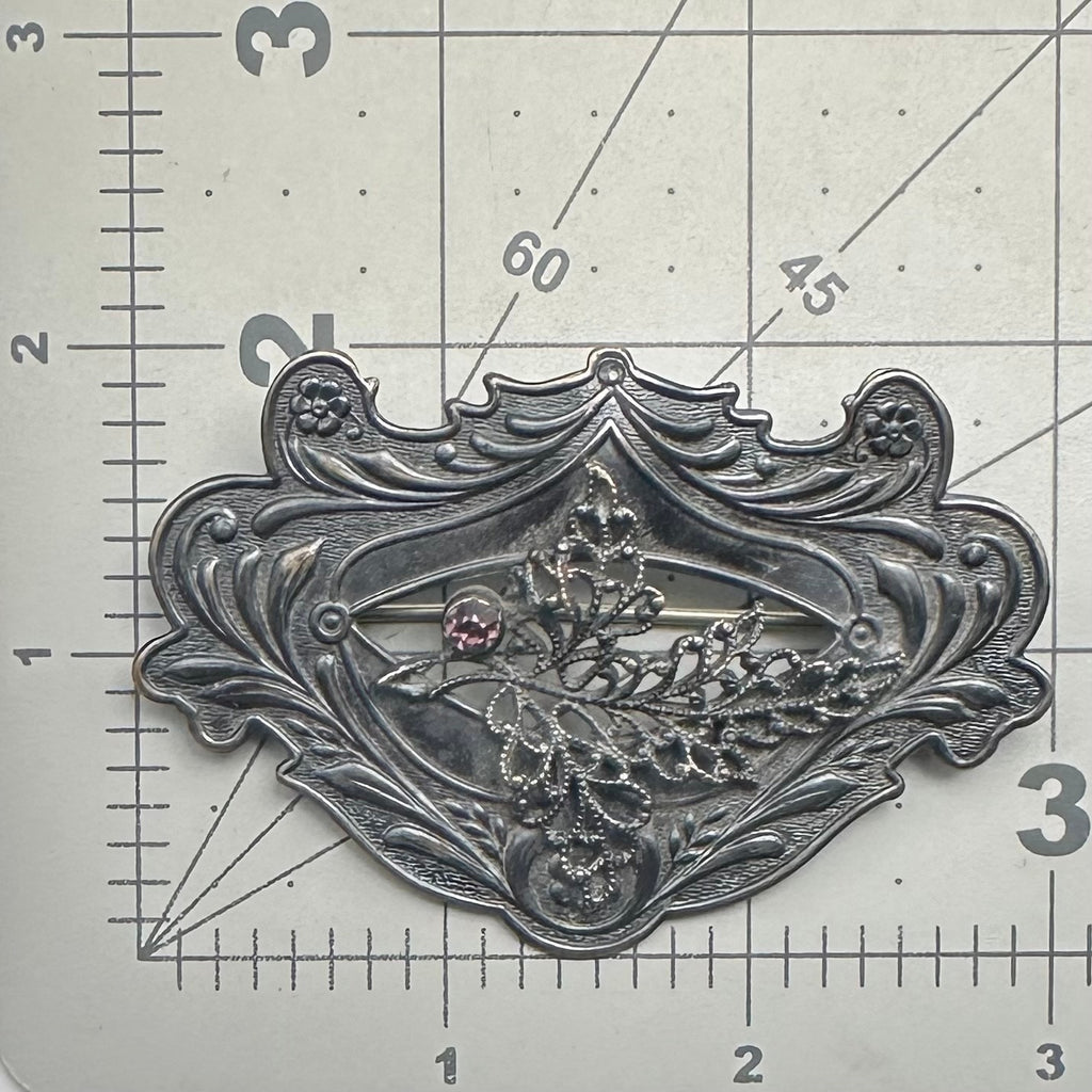 Antique 1900s Art Nouveau gilt silver brass purple rhinestone sash pin brooch