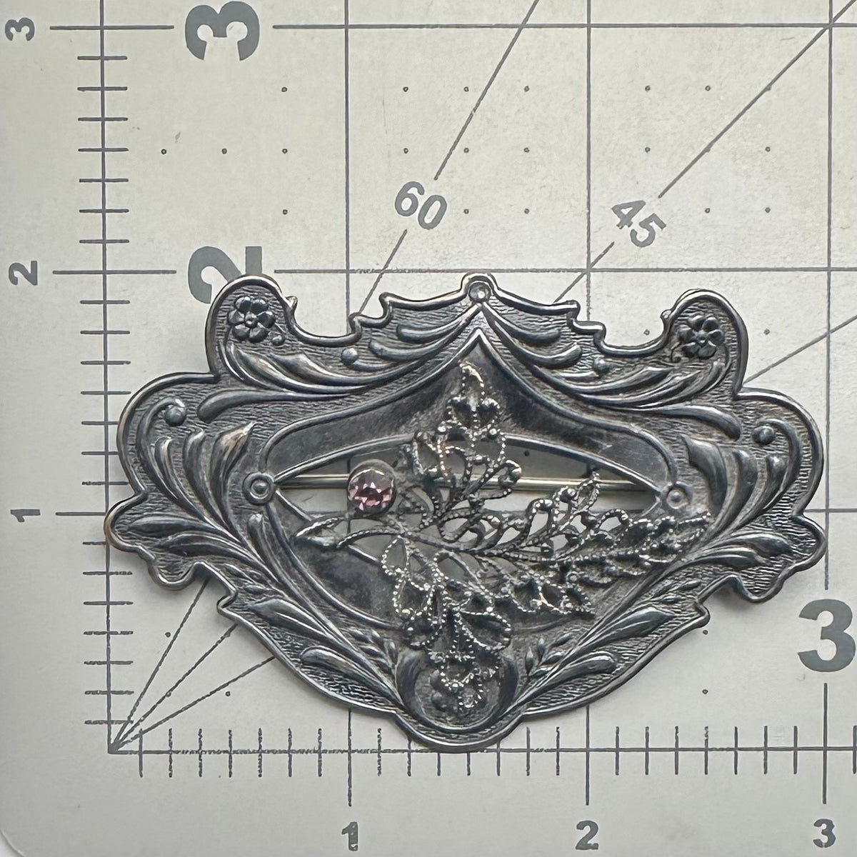 Antique 1900s Art Nouveau gilt silver brass purple rhinestone sash pin brooch