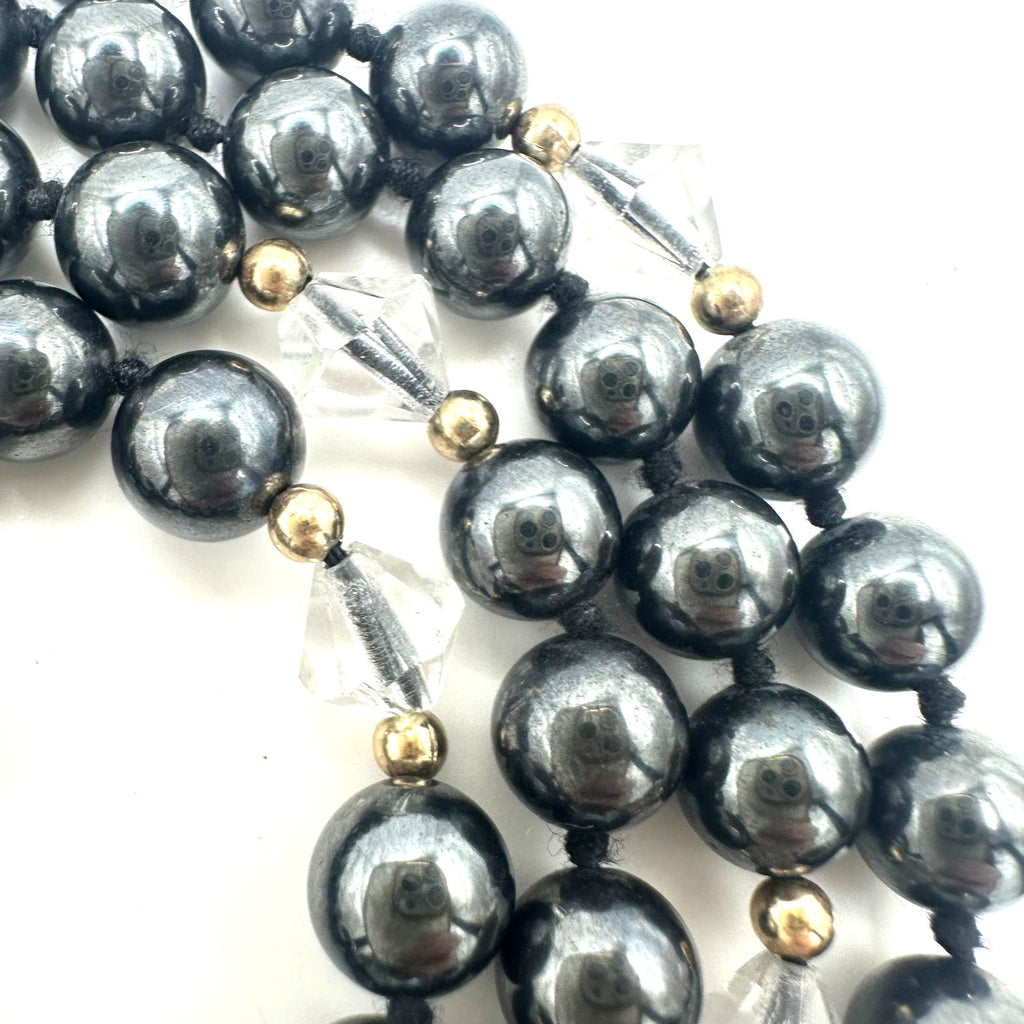Silver semiprecious hematite clear glass 8mm beads beaded hand knotted necklace