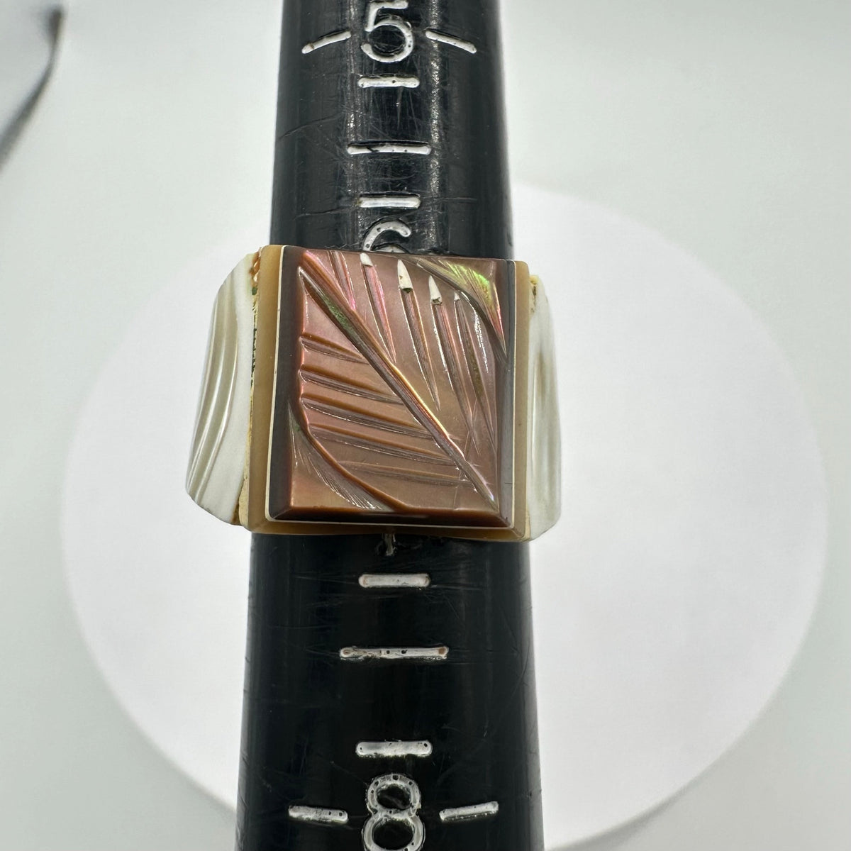 Vintage antique carved genuine abalone mother of pearl statement ring size 6.5
