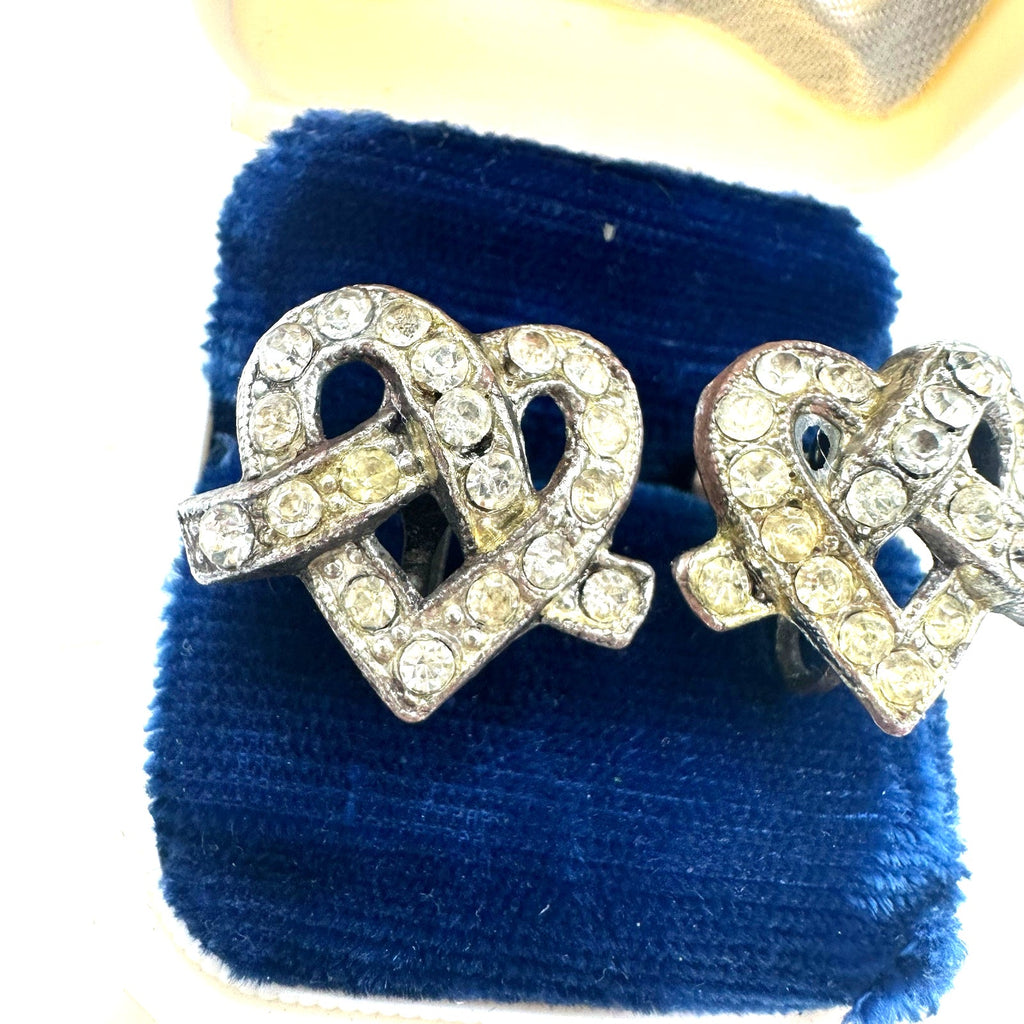 Little Nemo antique Art Deco rhinestones silver tone hearts screw back earrings