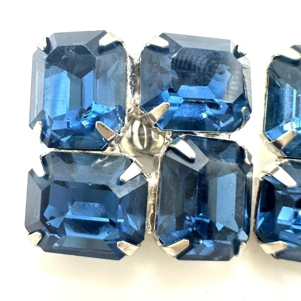 Vintage silver tone large Montana blue glass rhinestones clip on earrings