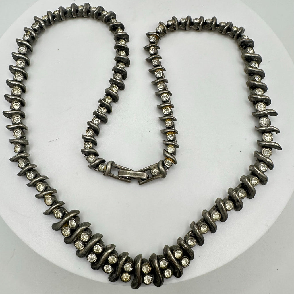 Vintage heavy silver tone clear glass rhinestones flex link modernist necklace